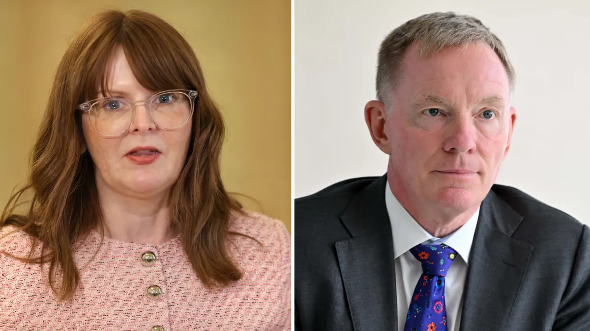 A composite image of Caoimhe Archibald and Sir Chris Bryant. Caoimhe has long red hair wit a fringe, wearing glasses and a pink tweed jacke…