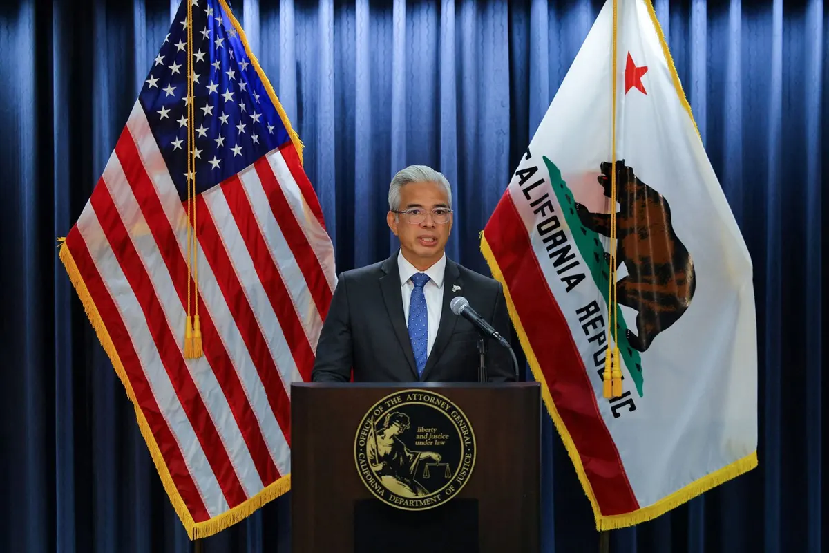 Rob Bonta, Attorney General of California, speaks at a Monday press conference after Paramount settled with California and 11 other states…