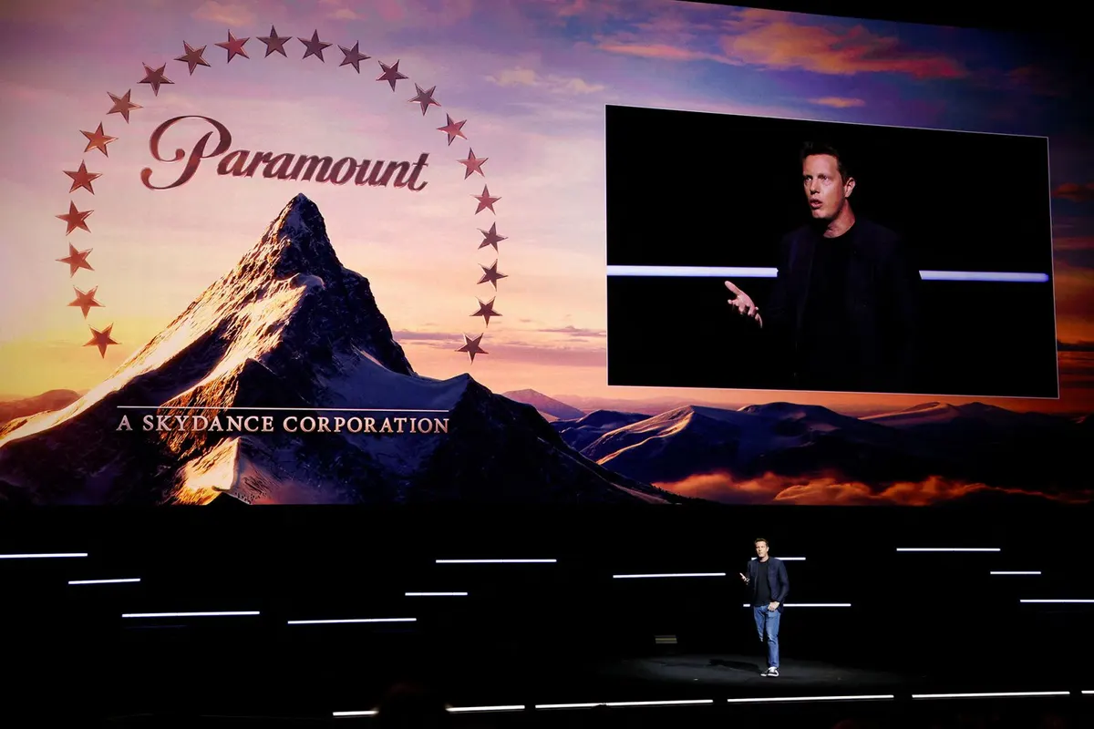 David Ellison, CEO of Paramount Skydance, speaks during the Paramount Pictures presentation at CinemaCon in Las Vegas, Nevada, on April 16,…
